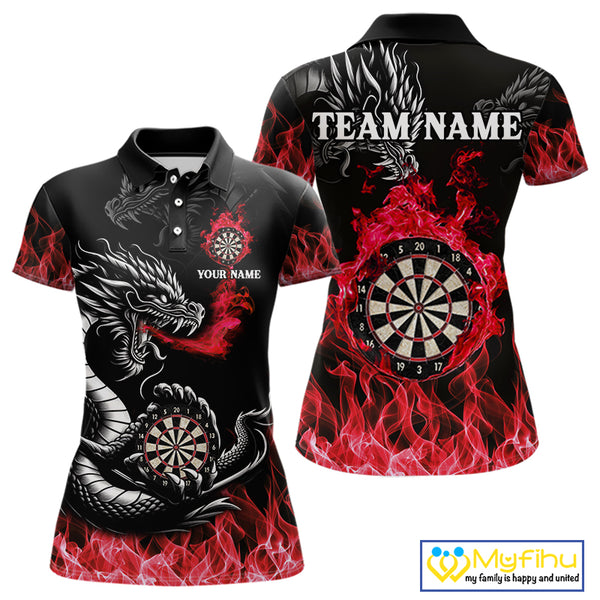 Personalized Red Flaming Dragon Dart Shirts For Women Custom Darts Team Jerseys Polo & Quarter Zip TDM4310