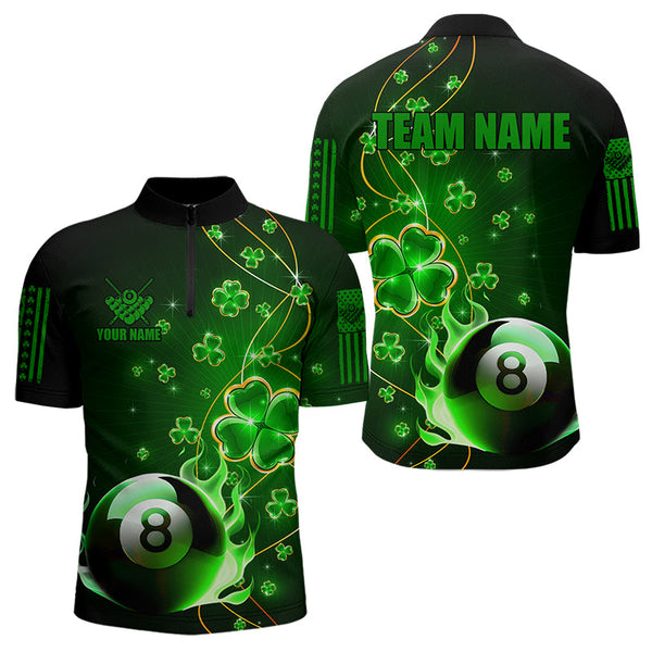 Green 8 Ball Pool Fire Luckiest Shamrock Men Billiard Shirt Custom St Patrick Day Billiard Jerseys TDM3389