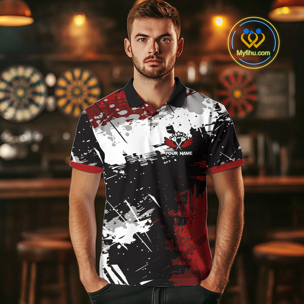 Red Grunge Paint Splash Dart Polo & Quarter Zip Custom Dart Shirts For Men Darts Team Jerseys  TDM3858