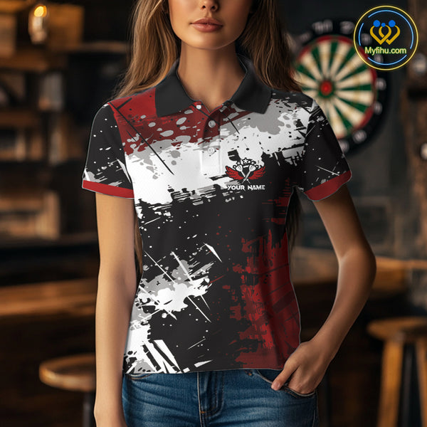 Red Grunge Paint Splash Dart Polo & Quarter Zip Custom Dart Shirts For Women Darts Team Jerseys  TDM3858