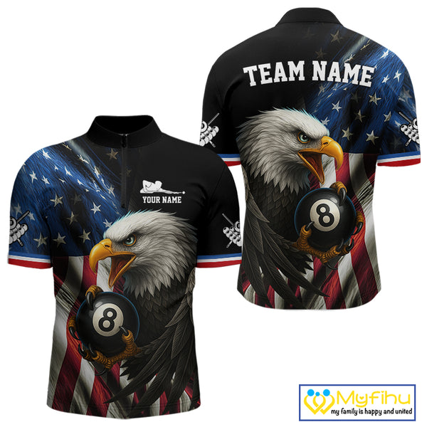 American Flag Eagle 8 Ball Mens Billiard Polo & 1/4 Zip Custom Patriotic Team Billiard Pool Jersey TDM3866