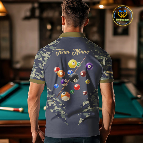 Personalized Flame 8 Ball Camo Billiard Shirts Custom Navy Blue Pool Team Jerseys Polo & 1/4 Zip TDM4332