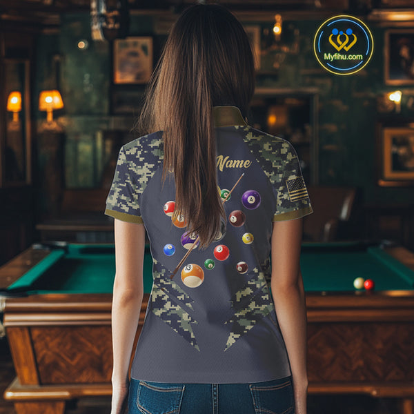 Personalized Flame 8 Ball Camo Billiard Shirts Custom Navy Blue Pool Team Jerseys Polo & 1/4 Zip TDM4332