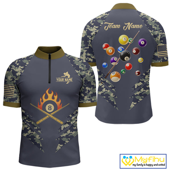 Personalized Flame 8 Ball Camo Billiard Shirts Custom Navy Blue Pool Team Jerseys Polo & 1/4 Zip TDM4332