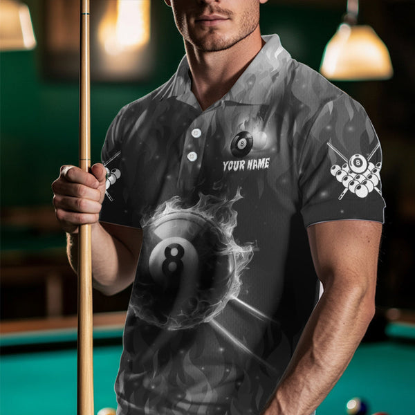 Personalized Grey 3D 8 Ball Pool Fire Billiard Shirts For Men Custom Billiard Apparel Jerseys TDM3531