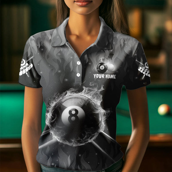 Personalized Grey 3D 8 Ball Pool Fire Billiard Shirts For Women Custom Billiard Apparel Jerseys TDM3531