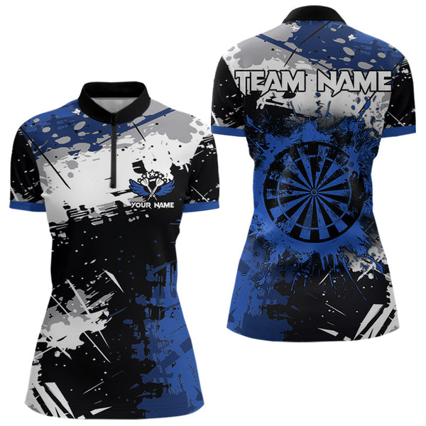 Custom Blue Grunge Darts Shirt With Pocket Option For Women, Dart Team Jersey TDM3538