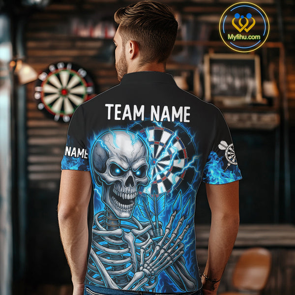 Blue Flaming Lightning Skeleton Darts Shirt For Men Custom Darts Jersey Team Polo & Quarter Zip TDM4344