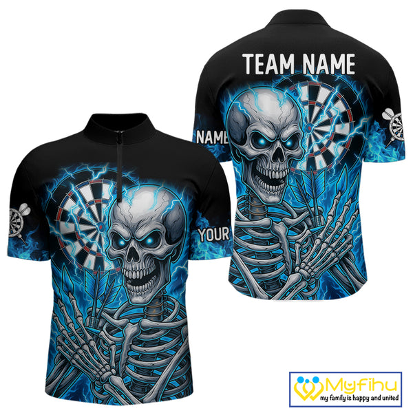 Blue Flaming Lightning Skeleton Darts Shirt For Men Custom Darts Jersey Team Polo & Quarter Zip TDM4344