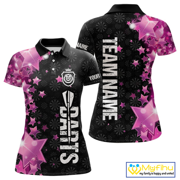 Pink And Black Custom Star Dart Shirts For Women, Glowing Dart Jerseys Funny Darts Team Shirts TDM3884