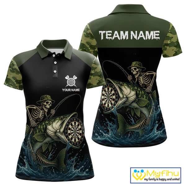 Funny Green Camo Skeleton Fishing Dart Shirt For Women With Pocket Option TDM3969