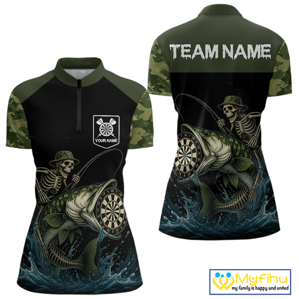Funny Green Camo Skeleton Fishing Dart Shirt For Women With Pocket Option TDM3969