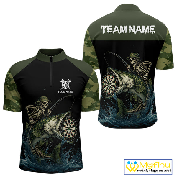 Funny Green Camo Skeleton Fishing Dart Shirt For Men With Pocket Option TDM3969