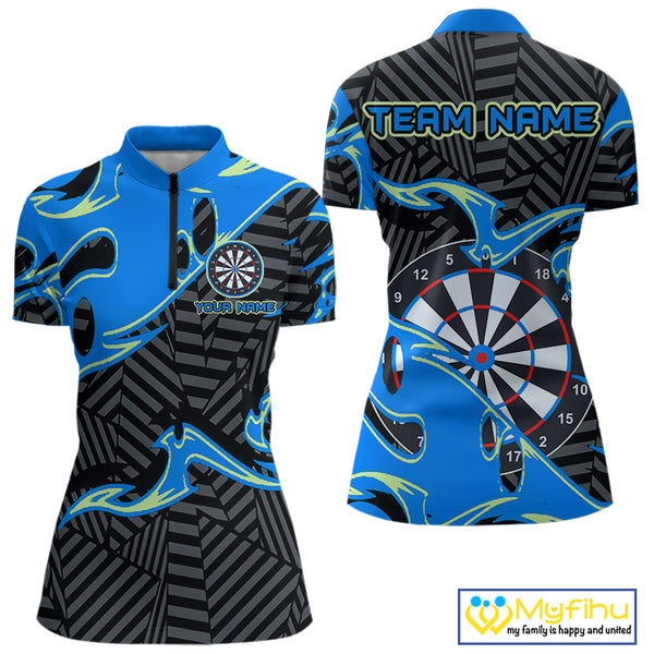 Custom Black And Blue Tribal Flame Dart Shirts For Women, Darts Team Jerseys Polo & Quarter Zip TDM3970