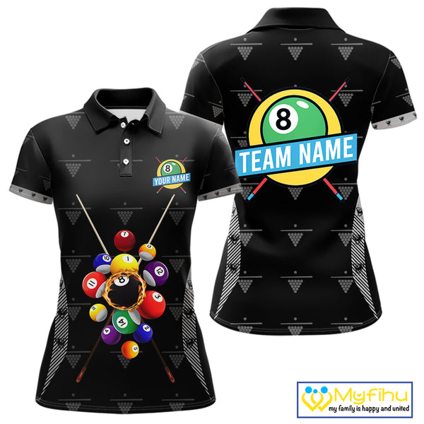 Custom Black Billiard Jerseys Polo & Quarter Zip For Women, 8 Ball Pool Billiard Team Shirts TDM3979