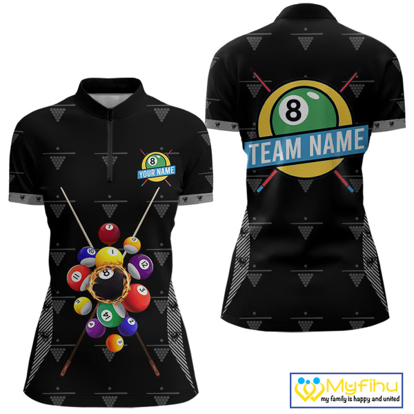 Custom Black Billiard Jerseys Polo & Quarter Zip For Women, 8 Ball Pool Billiard Team Shirts TDM3979