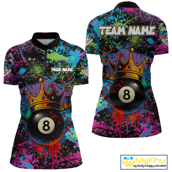 Funny 8 Ball Crown Colorful Paint Splash Custom Billiard Shirt For Women, Billiard Team Jerseys TDM3982