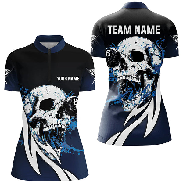 Funny Blue Billiard Skull 8 Ball Pool Custom Women Polo & Quarter-Zip Shirts, Billiard Team Jerseys TDM1805