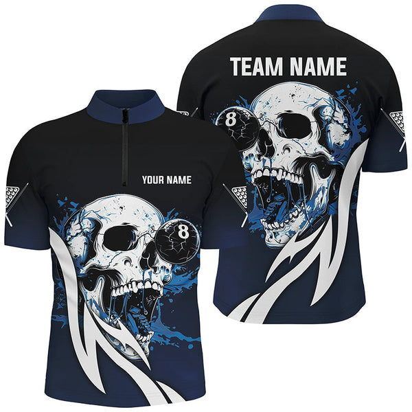 Funny Blue Billiard Skull 8 Ball Pool Custom Men Polo & Quarter-Zip Shirts, Billiard Team Jerseys TDM1805