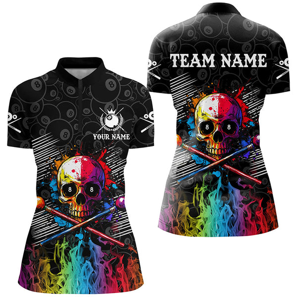 Personalized Colorful Skull Fire Billiard Shirts For Women Custom 8 Ball Pattern Billiard Jerseys TDM2228