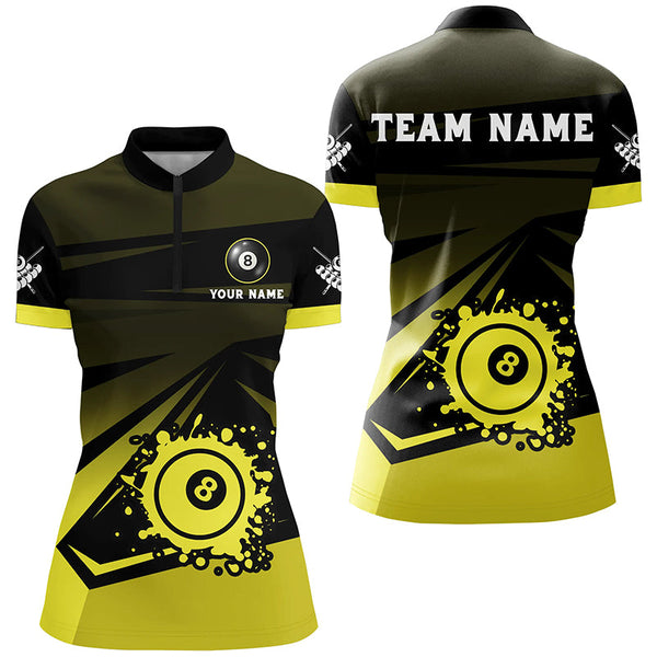 Personalized Grunge 8 Ball Pool Billiard Shirts For Ladies Custom Name Yellow Black Billiard Jerseys TDM2022