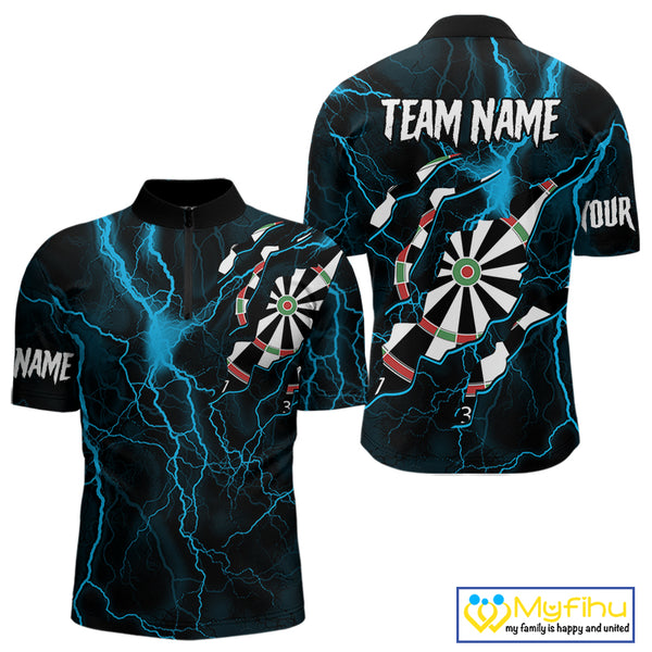 Personalized Blue Thunder Lightning Dart Shirt For Men Custom Darts League Jersey Polo & 1/4 Zip TDM4352