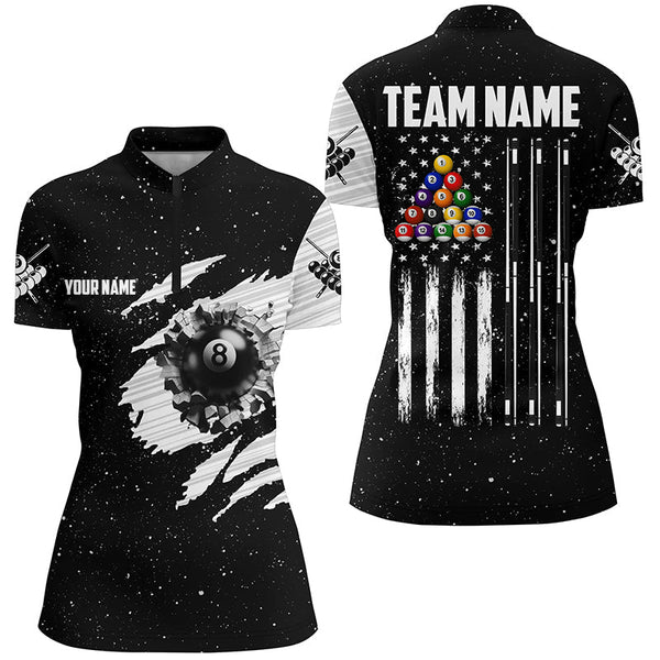 Customized Black White Grunge American Flag 8 Ball Pool Women Billiard Shirts, Patriotic Pool Jerseys TDM2985