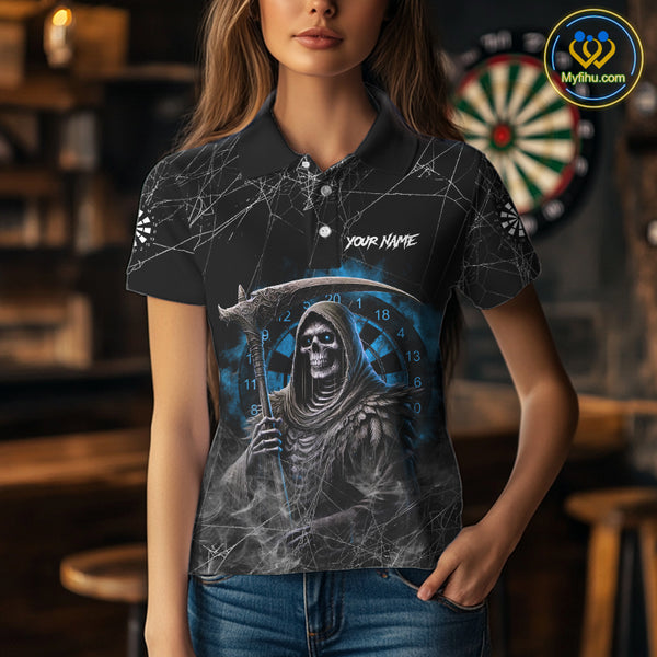 Black And Blue Grim Reaper Smoke Funny Dart Shirts For Women Custom Dart Jerseys, Darts Clothing TDM4005