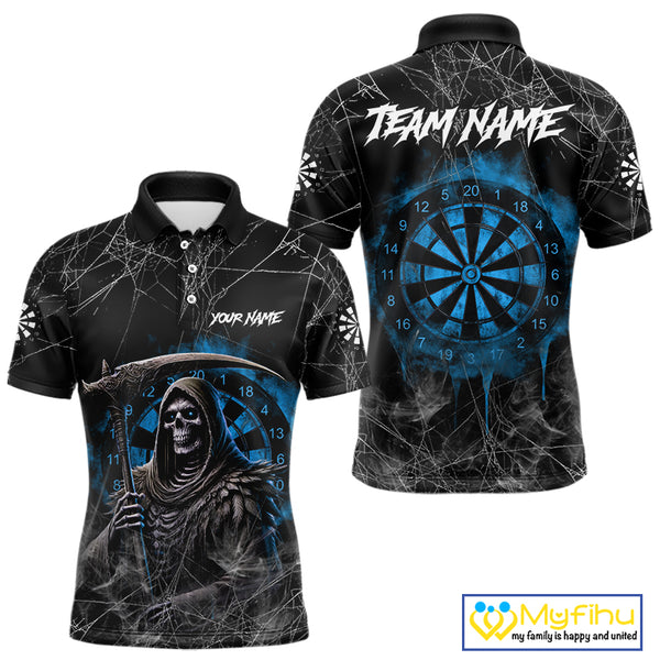 Black And Blue Grim Reaper Smoke Funny Dart Shirts For Men Custom Dart Jerseys, Darts Clothing TDM4005