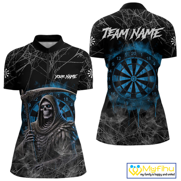 Black And Blue Grim Reaper Smoke Funny Dart Shirts For Women Custom Dart Jerseys, Darts Clothing TDM4005