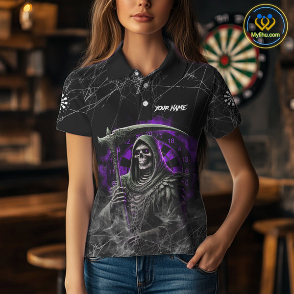 Black And Purple Smoke Grim Reaper Funny Dart Shirts For Women Custom Dart Jerseys, Darts Clothing TDM4006