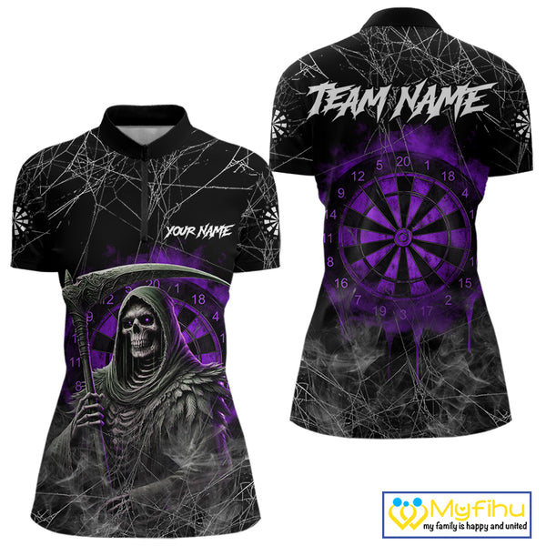 Black And Purple Smoke Grim Reaper Funny Dart Shirts For Women Custom Dart Jerseys, Darts Clothing TDM4006