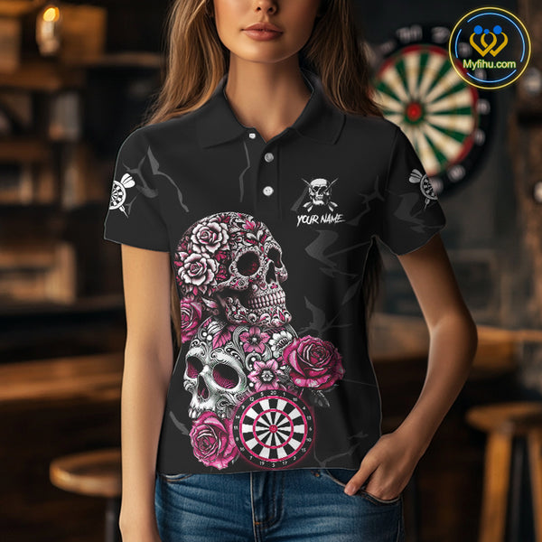 Personalized Pink Funny Skull Roses Darts Shirt For Women Custom Darts Team Jersey, Darts Outfit TDM4354