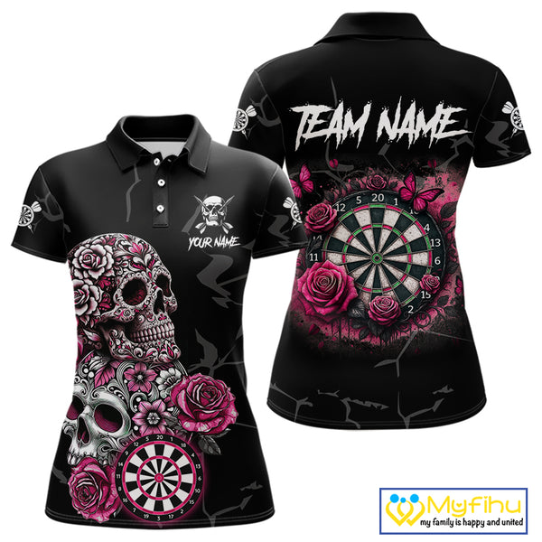 Personalized Pink Funny Skull Roses Darts Shirt For Women Custom Darts Team Jersey, Darts Outfit TDM4354