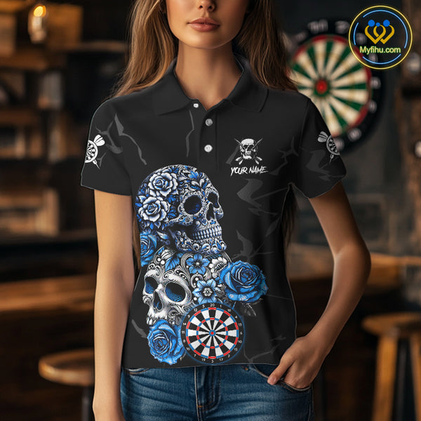 Personalized Blue Funny Skull Roses Darts Shirt For Women Custom Darts Team Jersey, Darts Outfit TDM4355
