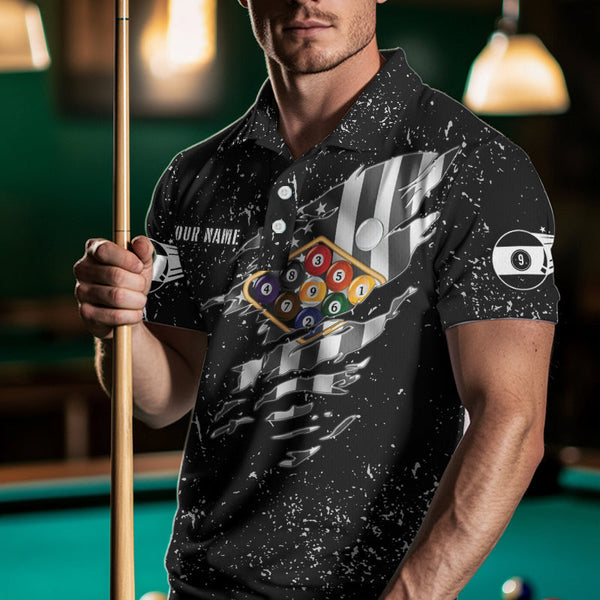 Personalized Black Grunge US Flag Billiard Balls Polo, 1/4 Zip For Men, 9 Ball Pool Billiard Jersey TDM3574