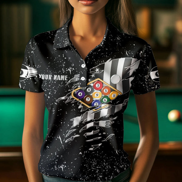 Personalized Black Grunge US Flag Billiard Balls Polo, 1/4 Zip For Women, 9 Ball Pool Billiard Jersey TDM3574