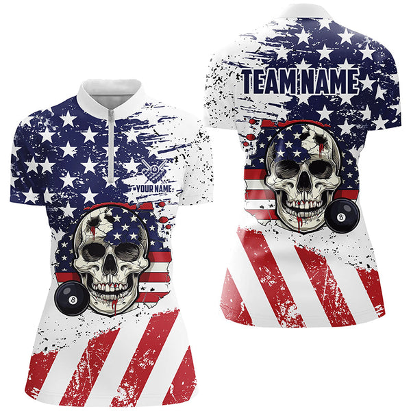 Billiard Skull Grunge American Flag Custom Billiard Shirts For Women, Patriotic Billiard Clothing TDM1835