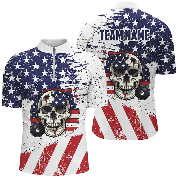 Billiard Skull Grunge American Flag Custom Billiard Shirts For Men, Patriotic Billiard Clothing TDM1835