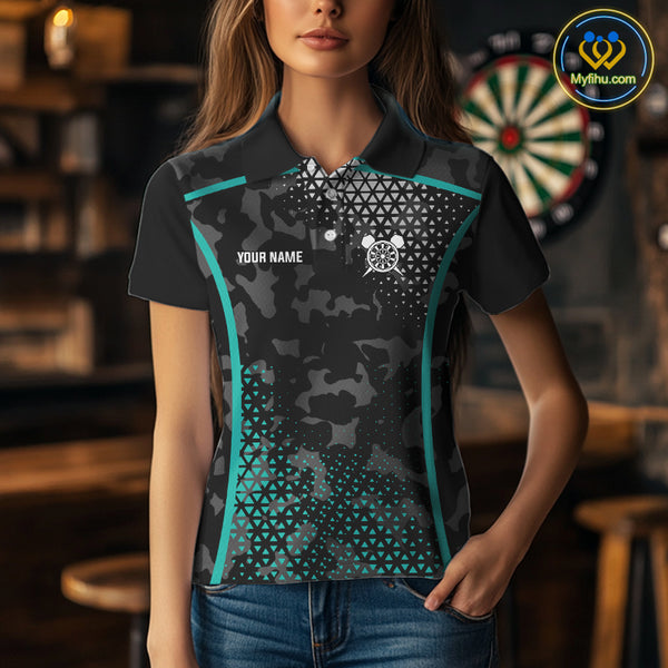 Black & Turquoise Camo Dart Shirt For Women Custom Dart Jerseys Pocket Option TDM4366