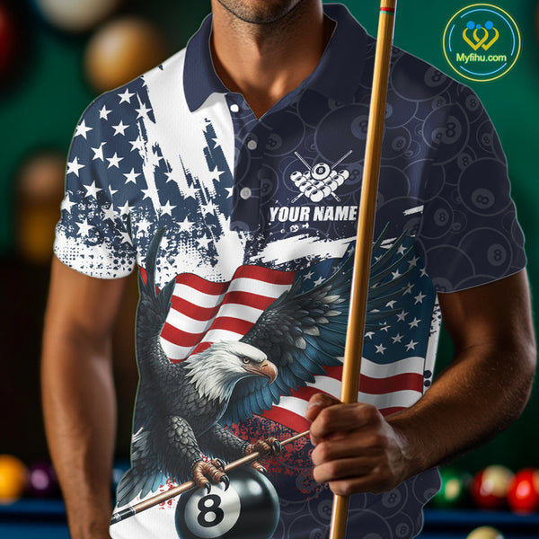 Personalized American Flag Eagle Men Billiard Shirt Custom Patriotic 8 Ball Pool Team Jersey |Navy TDM4369