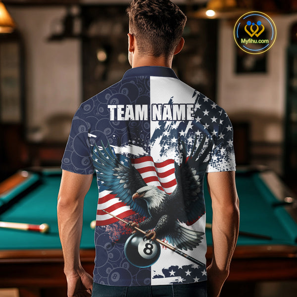 Personalized American Flag Eagle Men Billiard Shirt Custom Patriotic 8 Ball Pool Team Jersey |Navy TDM4369