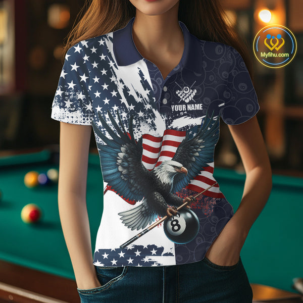 Personalized American Flag Eagle Women Billiard Shirt Custom Patriotic 8 Ball Pool Team Jersey |Navy TDM4369