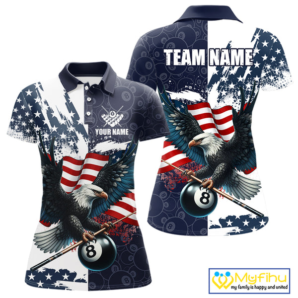 Personalized American Flag Eagle Women Billiard Shirt Custom Patriotic 8 Ball Pool Team Jersey |Navy TDM4369