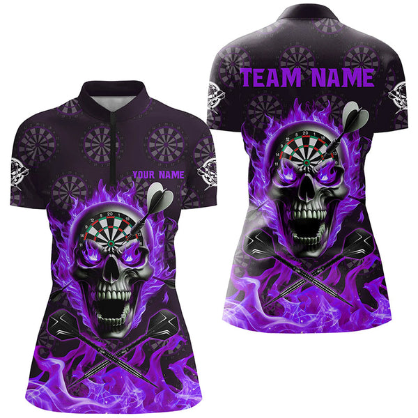 Purple Darts Skull Fire Flame Custom Women Dart Shirts, 3D Darts Jersey Short Sleeve For Team TDM2519