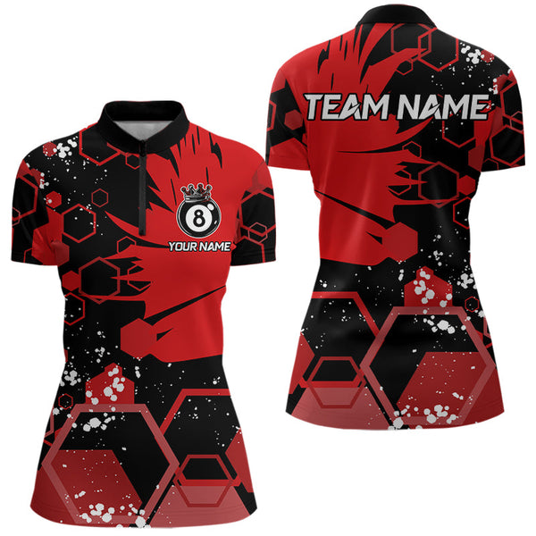 Personalized Black Red 8 Ball Crown Hexagon Billiard Shirts For Women, Pool Billiard Team Jerseys TDM3588