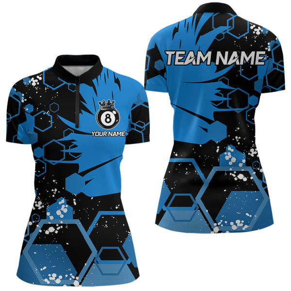 Personalized Black Blue 8 Ball Crown Hexagon Billiard Shirts For Women, Pool Billiard Team Jerseys TDM3589