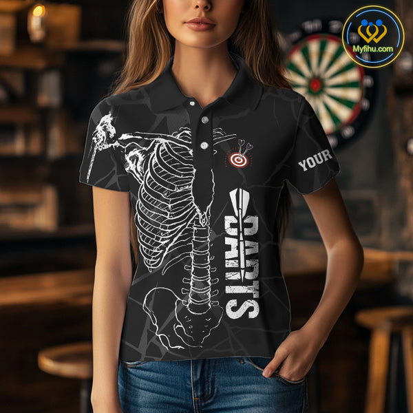 White Skeleton Custom Black Grunge Darts Polo & 1/4 Zip, Funny Dart Shirts For Women Dart Jerseys TDM3746