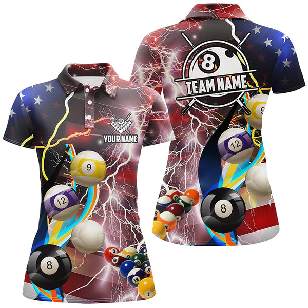 Personalized Billiard Balls American Flag Lightning Women Billiard Shirts, Patriotic Billiard Jerseys TDM2043