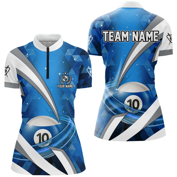 Custom Lightning Blue 10 Ball Pool Women Polo & 1/4 Zip Billiard Shirts, 10 Ball Billiard Team Jersey TDM2522